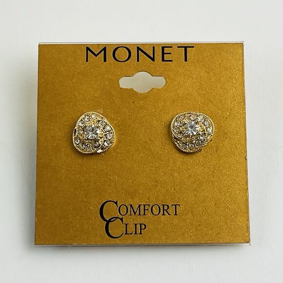 Vintage New on Card Monet Clip On Earrings Gold Tone Swirl Rhinestone JCP Huggie - Picture 2 of 15